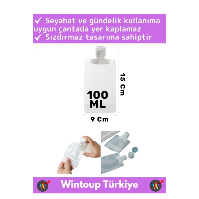 Seyahat Tipi Çanta Boy Sızdırmaz Yıkanıp Tekrar Kullanılabilir Krem Losyon Şampuan Kabı 100 Ml 5Adet