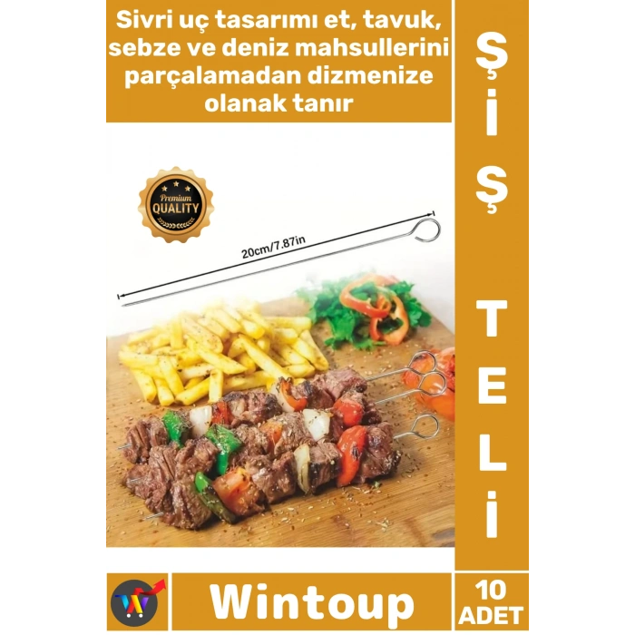 #ŞişSeti Kaliteli Dayanıklı Mutfak Izgara Kebap Çöp Şiş Aparatı Metal 10lu Paslanmaz Çelik Şiş Seti