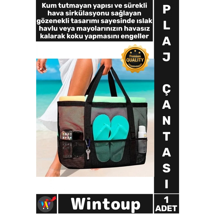 #PlajÇantası Kum Geçirmez Tatil Çok Cepli Tasarım Fermuarlı İç Bölme Büyük Siyah Fileli Plaj Çantası