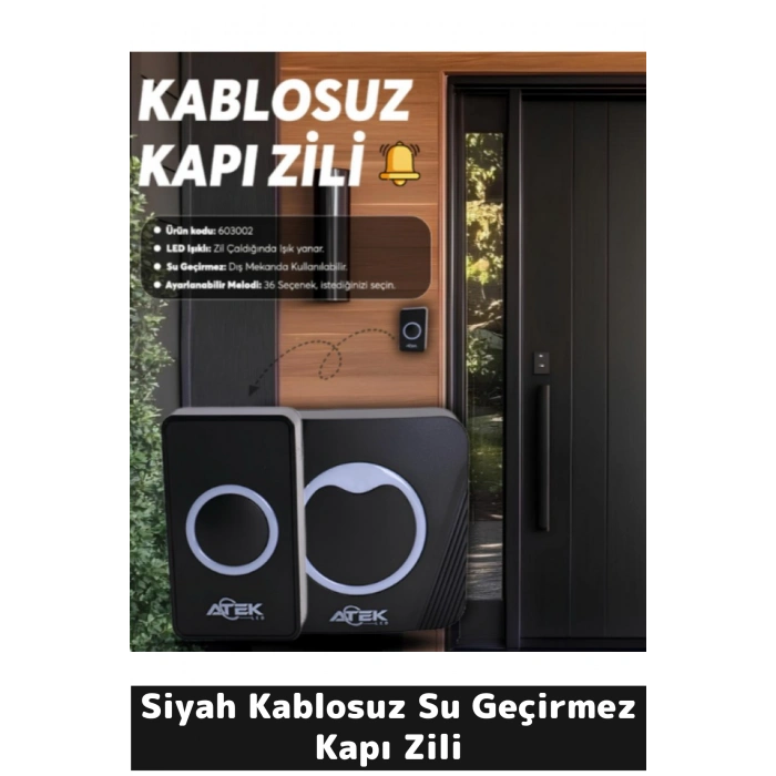 Siyah Kablosuz Su Geçirmez Kapı Zili
