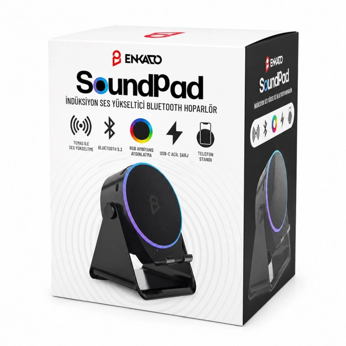 SoundPad Bluetooth Hoparlör - İndüksiyon Temas Özellikli - Telefon Standlı - Type-C Şarj - RGB Ambiyans Aydınlatma