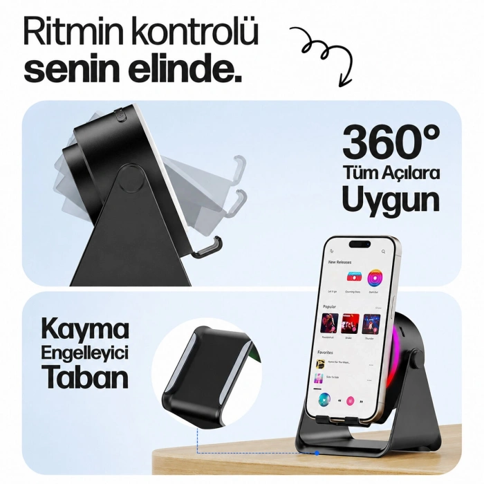 SoundPad Bluetooth Hoparlör - İndüksiyon Temas Özellikli - Telefon Standlı - Type-C Şarj - RGB Ambiyans Aydınlatma