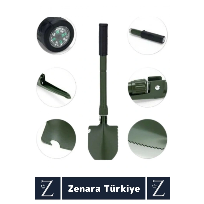 Taşınabilir Kamp Piknik Deprem Pusula Açacak Çok Amaçlı Çantalı Katlanabilir Mini Kazma Kürek Seti