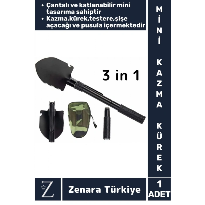 Taşınabilir Kamp Piknik Deprem Pusula Açacak Çok Amaçlı Çantalı Katlanabilir Mini Kazma Kürek Seti