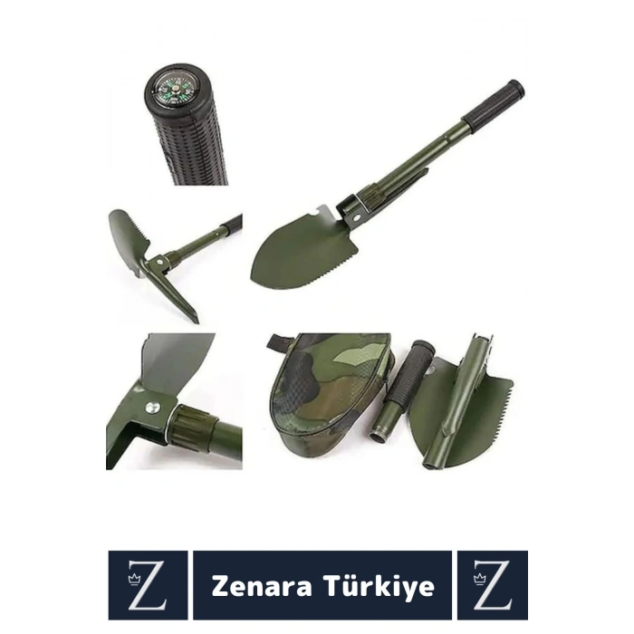 Taşınabilir Kamp Piknik Deprem Pusula Açacak Çok Amaçlı Çantalı Katlanabilir Mini Kazma Kürek Seti