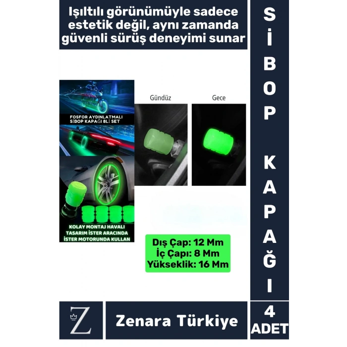 Tüm Otomobil Bisiklet Motosiklet Minibüslerle Uyumlu Kolay Montaj Fosforlu Sibop Kapağı 4 Adet