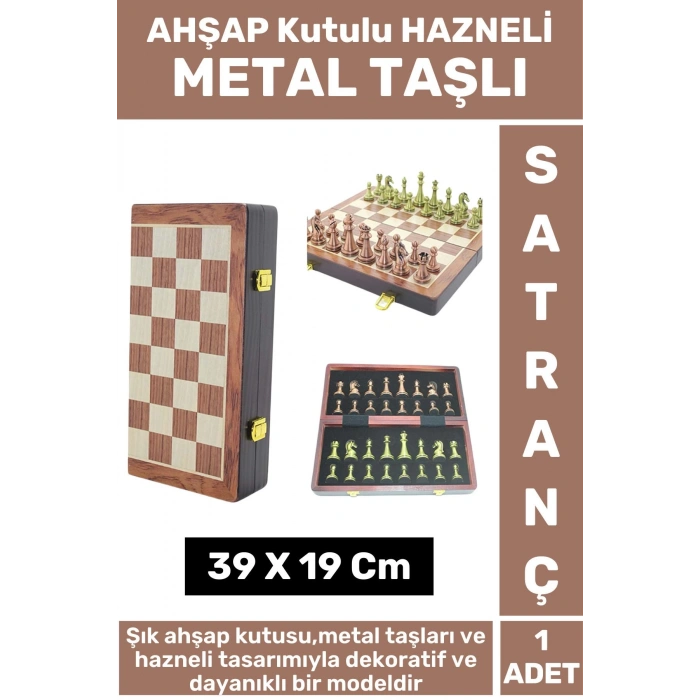 Yüksek Kaliteli Arkadaş Oyun Hediyelik Ahşap Kutulu Hazneli Metal Taşlı Satranç Takımı 39 X 19 Cm