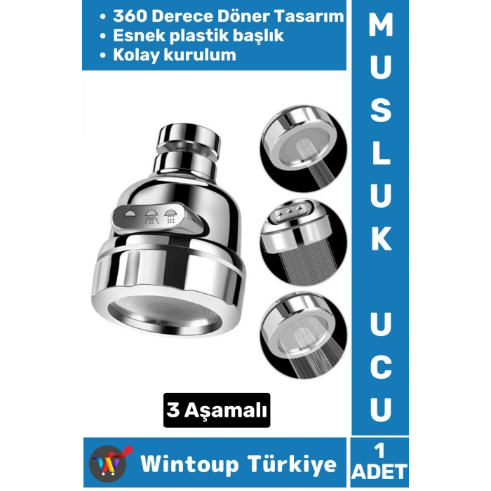 Yüksek Kaliteli Kolay Kurulum 360 Derece Döner Esnek Başlık 3 Aşamalı Mutfak Lavabo Krom Musluk Ucu