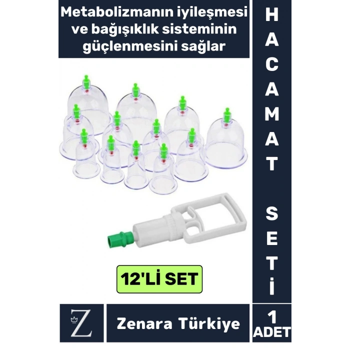 Yüksek Kaliteli Metabolizma Etkili 12li Vakumlu Hacamat Kupası+4 Parmak Pompa Özel Set