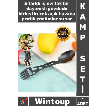 #KampSeti Outdoor Kamp Ekipman Paslanmaz Çelik 5 Fonksiyonlu 2li Paket Taktiksel Spork Kaşık Çatal