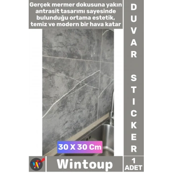 #Sticker Kendinden Yapışkanlı Su Geçirmez Banyo Mutfak 30x30 Antrasit Mermer Desenli Duvar Stickerı