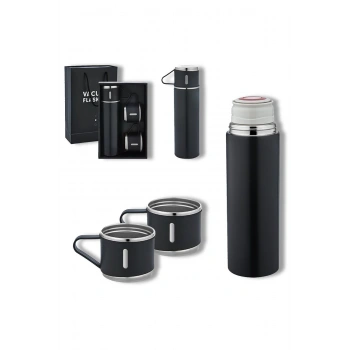 Paslanmaz Çelik 500ml 3 Bardaklı Sızdırmaz Termos Seti-Siyah, Vakumlu Termos Set