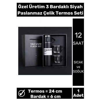 Özel Üretim 3 Bardaklı Uzun süre sıcak soğuk tutan Siyah Paslanmaz Çelik 500 ML Termos Seti