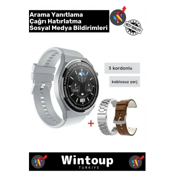 IOS Android Siyah Gümüş 3 Kordonlu Akıllı Saat Smartwatch