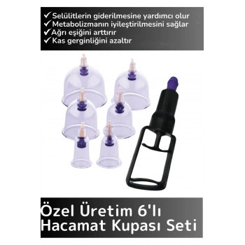 Özel Üretim Yüksek Kaliteli Selülit Çatlak Giderici Vakumlu 6lı Hacamat Kupası Seti