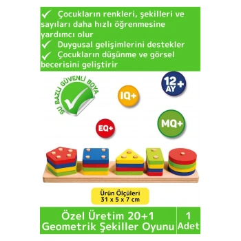 Premium Zeka Geliştirici Eğitici Öğretici Kişisel Gelişim Çocuk Ahşap 20+1 Geometrik Şekiller Oyunu