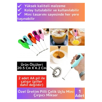 Özel Çelik Uçlu Pilli Soğuk Kahve Süt Köpürtücü Sos Krema Mama Yumurta Çırpıcı Mini Mikser Mixer