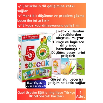 Premium Eğitici Zeka Geliştirici Yabancı Dil Öğretici Çocuk İlk 50 Sözcük İngilizce Türkçe Kartlar