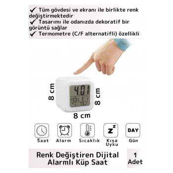 Premium Dekoratif Küp Termometre Takvimli 7 Renk Değiştiren Dijital Alarmlı Küp Masa Çalar Saat
