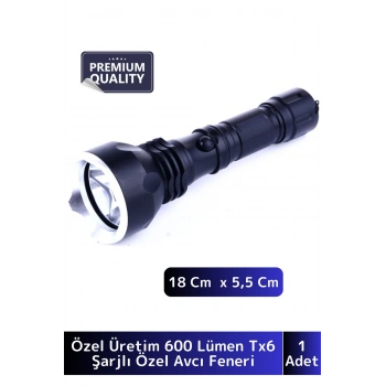 Luxery 250 Metre Yüksek Mesafe Işık Güçlü Beyaz Aydınlatma 600 Lümen Tx6 Şarjlı Özel Avcı El Feneri