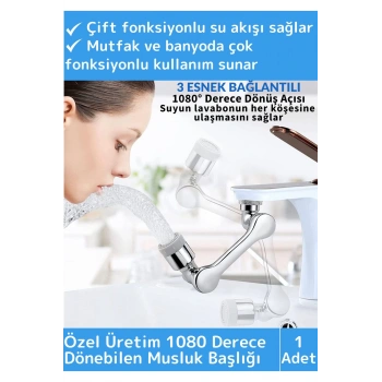 Özel Üretim Uzun Ömürlü 1080 Derece Dönebilen Çift Modlu Metal Görünümlü Akrobat Musluk Ucu Başlığı