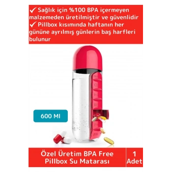 Premium Uzun Ömürlü %100 BPA Free Hap Bölmeli İlaç Kutusu Pillbox Su Matarası 600 Ml Suluk