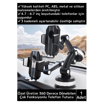 Premium Kompakt 4.7-6.7 İnç 360 Derece Dönebilen Ayarlanabilir 3 Kademeli Çok Amaçlı Telefon Tutucu