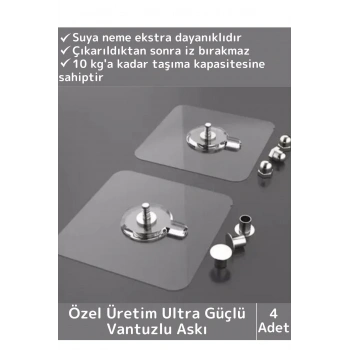 Özel Üretim Yüksek Kaliteli Suya Neme Ekstra Dayanıklı Montajsız Ultra Güçlü Vantuzlu Askı 4 Adet
