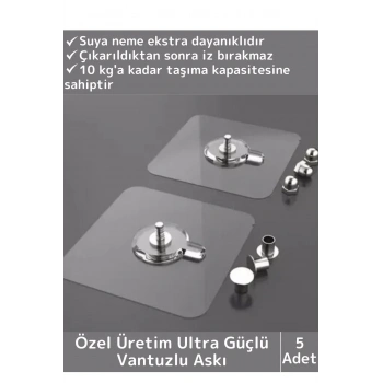 Özel Üretim Yüksek Kaliteli Suya Neme Ekstra Dayanıklı Montajsız Ultra Güçlü Vantuzlu Askı 5 Adet