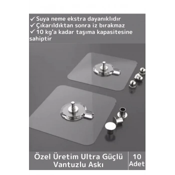 Özel Üretim Yüksek Kaliteli Suya Neme Ekstra Dayanıklı Montajsız Ultra Güçlü Vantuzlu Askı 10 Adet