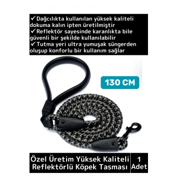 Özel Yüksek Kaliteli Ekstra Kalın Dağcı Dokuma İpli Esnek Yansıtma Reflektörlü Köpek Tasması 130 Cm
