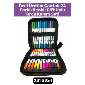 Yüksek Kaliteli Yoğun Pigmentli 24 Renkli Fermuarlı Çantalı Fırça&İnce Çift Uçlu Fırça Kalem Seti