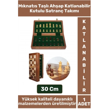 Premium Yüksek Kaliteli Mıknatıs Taşlı Ahşap Katlanabilir Kutulu Satranç Takımı 30 Cm