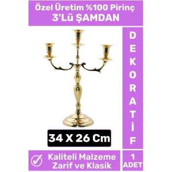 Premium Yüksek Kaliteli Dekoratif Şık Tasarım Hediyelik Biblo Mumluk %100 Pirinç 3lü ŞAMDAN