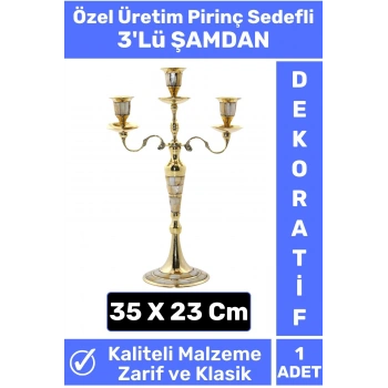 Özel Seri Yüksek Kaliteli Dekoratif Şık Tasarım Hediyelik Biblo Mumluk Pirinç Sedefli 3lü ŞAMDAN