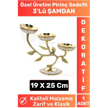 Özel Seri Kaliteli Dayanıklı Dekoratif Şık Tasarım Hediyelik Biblo Mumluk Pirinç Sedefli 3lü ŞAMDAN