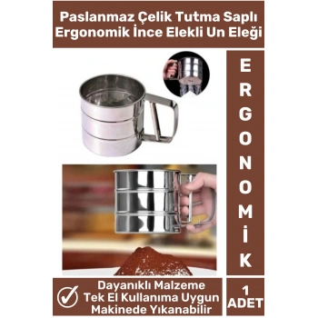 Özel Paslanmaz Çelik Tek Ele Uygun Tutma Kolu Pasta Hamur Baharat İnce Elekli Büyük Hazneli Un Eleği