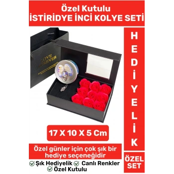 Premium Seri Anne Arkadaş Sevgiliye Hediye Kırmızı Güllü Özel Kutulu İSTİRİDYE İNCİ KOLYE SETİ