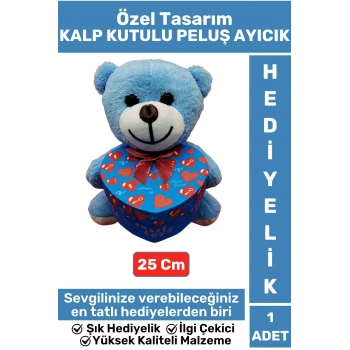 Özel Tasarım Kız Arkadaş Sevgiliye Hediyelik Sevgililer Günü Özel Gün KALP KUTULU Mavi PELUŞ AYICIK