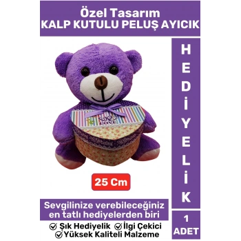 Özel Tasarım Kız Arkadaş Sevgiliye Hediyelik Sevgililer Günü Özel Gün KALP KUTULU Mor PELUŞ AYICIK
