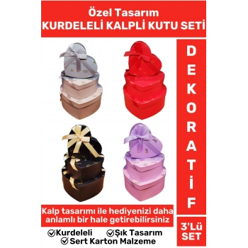 Premium Özel Gün Doğum Günü Hediyelik Sevgililer Günü Hediye Kutusu 3lü KURDELELİ KALPLİ KUTU SETİ