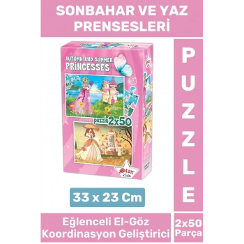 Eğlenceli El Göz Koordinasyon Beceri Geliştirici Çocuk 2X50 Parça PUZZLE SONBAHAR VE YAZ PRENSESLERİ