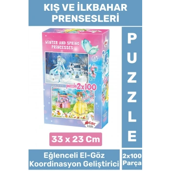 Eğlenceli El Göz Koordinasyon Beceri Geliştirici Çocuk 2x100 PUZZLE KIŞ VE İLKBAHAR PRENSESLERİ