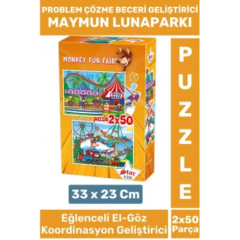 Premium Eğlenceli El Göz Koordinasyon Beceri Geliştirici Çocuk 2X50 Parça PUZZLE MAYMUN LUNAPARKI