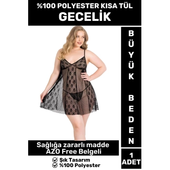 Özel Seri Yüksek Kaliteli Şık Gecelik Sabahlık AZO Free %100 Polyester Kısa TÜL BÜYÜK BEDEN GECELİK