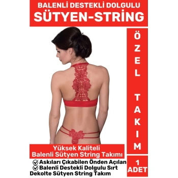 Çok Şık BALENLİ ASKILARI ÇIKABİLEN ÖNDEN AÇILAN DESTEKLİ DOLGULU SIRT DEKOLTELİ SÜTYEN STRİNG TAKIM