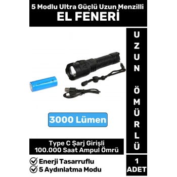 Premium Seri Uzun Ömürlü Kamp Avcı Deprem 5 Modlu Şarjlı Beyaz Işık 3000 Lümen El Feneri