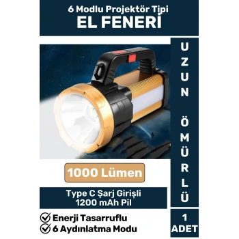 Premium Seri Uzun Ömürlü Kamp Avcı Deprem 6 Modlu Şarjlı Beyaz Işık 1000 Lümen El Feneri