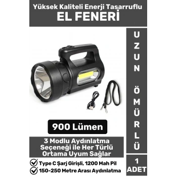 Premium Seri Uzun Ömürlü Kamp Avcı Deprem 3 Aydınlatma Modlu Şarjlı Beyaz Işık 900 Lümen El Feneri