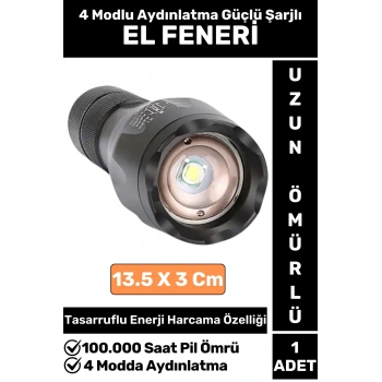 Kompakt Kamp Avcı Balıkçı Deprem Enerji Tasarruflu 4 Modlu Zoomlu Güçlü Beyaz Işık Şarjlı EL FENERİ